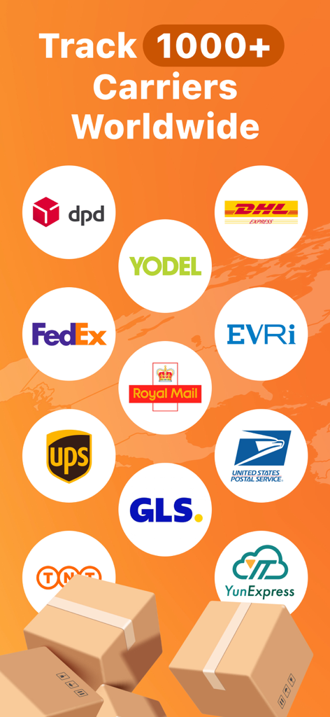 Tracko: Package Tracking App - Tracko app screen showing logos of over 1000 supported global carriers for package tracking