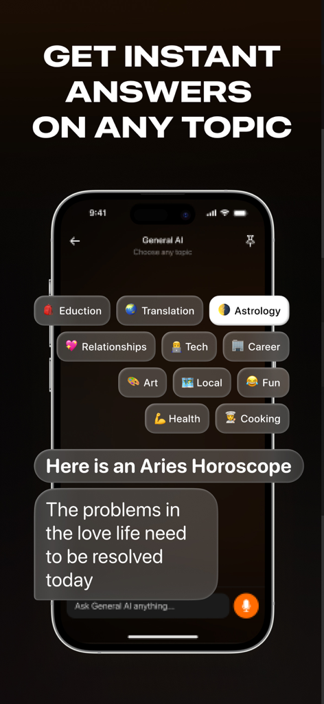 Openchat: AI Chatbot Copilot - A mobile interface of the Openchat AI app displaying various topic categories and an example horoscope response