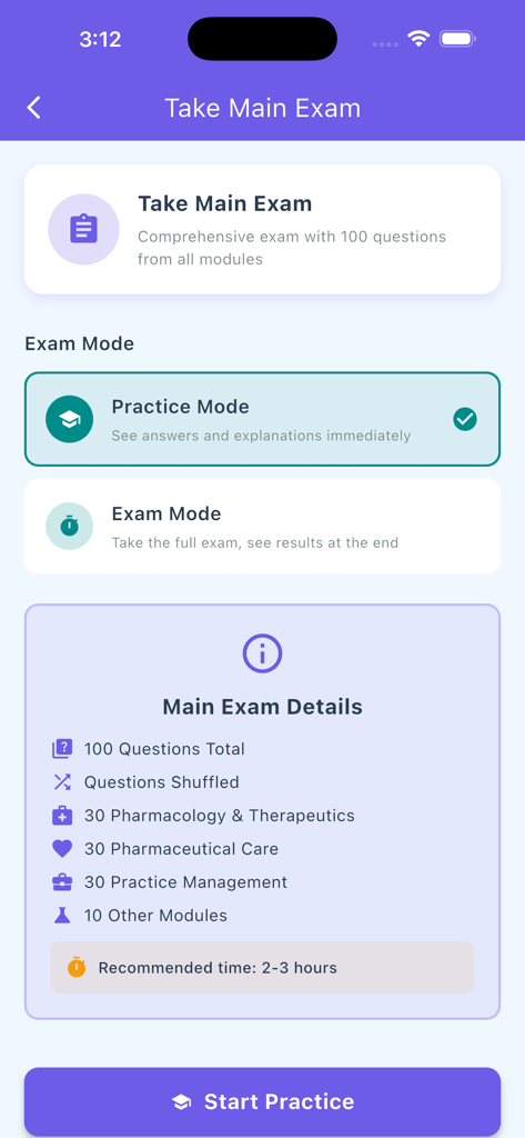 Ireland TCQR MCQ Prep - Main exam setup screen showing practice and exam modes with detailed question distribution for pharmacy licensure prep.