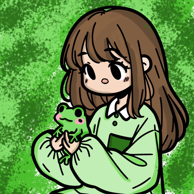 girl with long hair and a oversized shirt. and she is holding a frog
