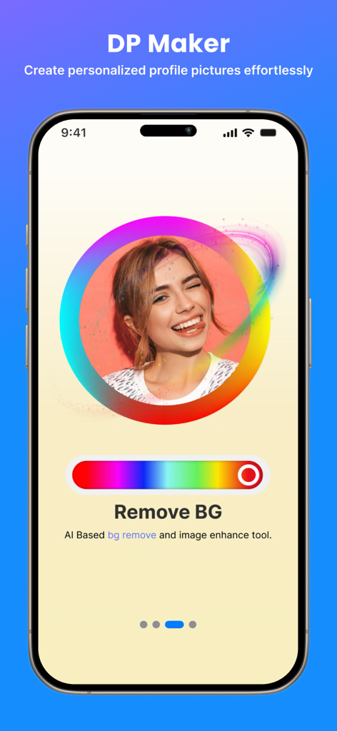 Lmc8.4 - Lmc8.4 app interface featuring a profile picture maker with rainbow borders and AI background removal