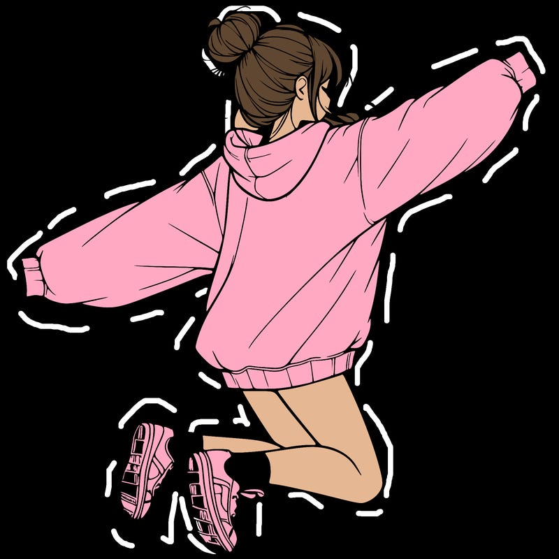 realistic girl jumping with a bun and oversized sweatshirt