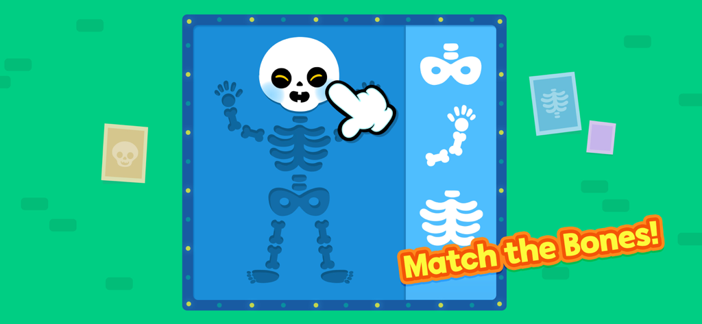 Cartoon skeleton matching game for kids in the Pinkfong My Body app