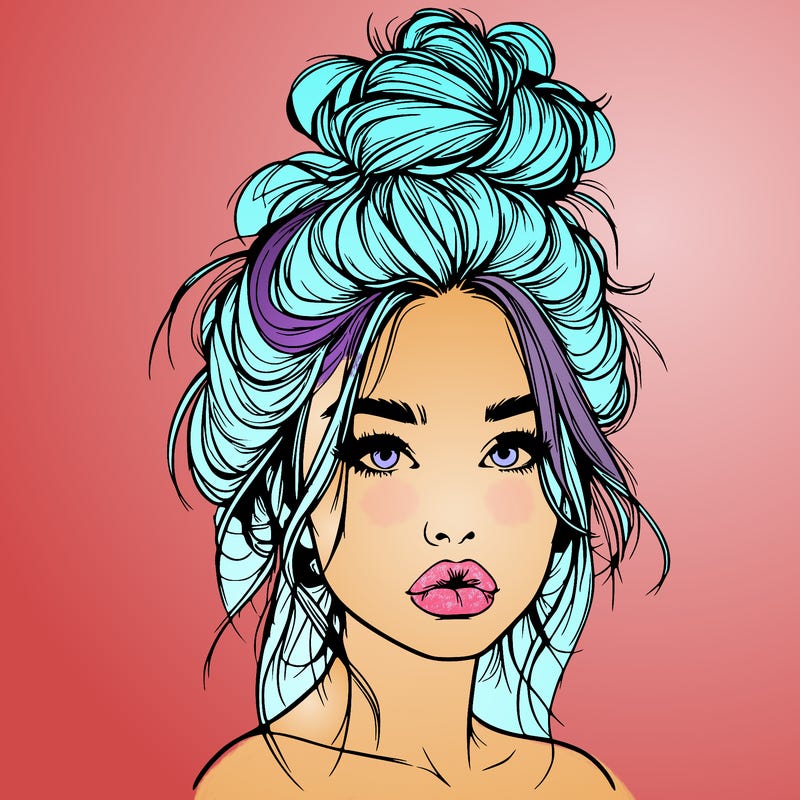 realistic girl with a messy bun and she has lips