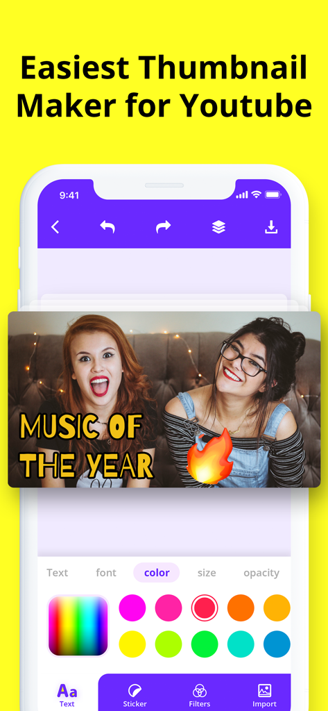 Thumbnail Maker: YT Banner Art - Smartphone screen displaying the Thumbnail Maker app interface with a music video thumbnail design and color editing tools
