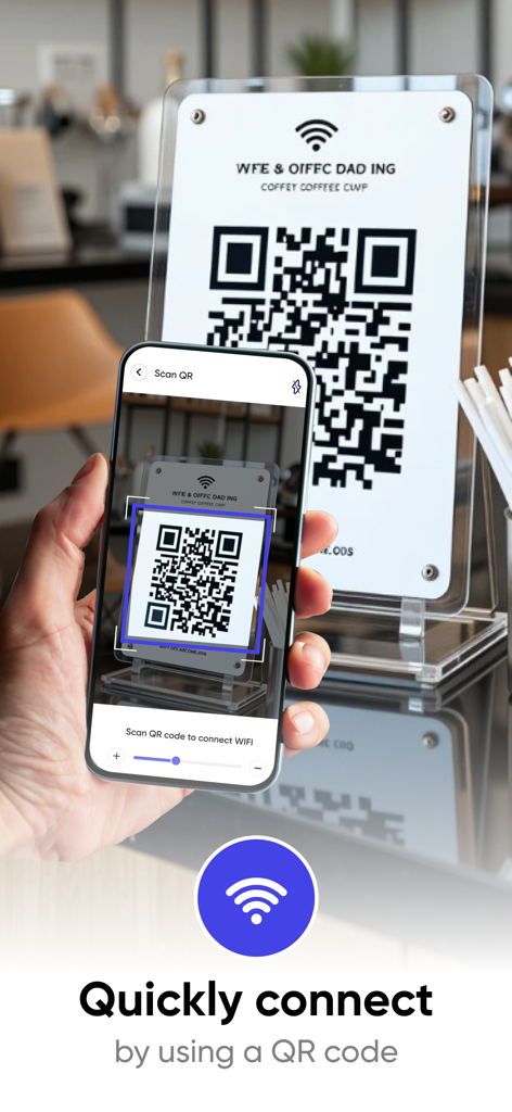 Wifi Password + Wifi Finder - A person using a smartphone to scan a QR code on a stand to quickly connect to a WiFi network