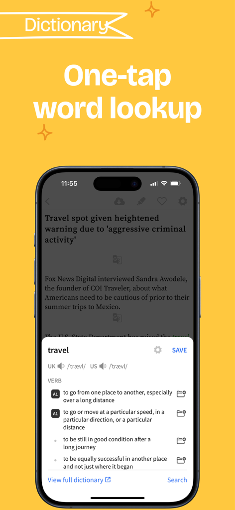 4English - Daily English Vocab - ニュース記事で、4Englishアプリのワンタップ単語検索機能が表示されたスマートフォン。