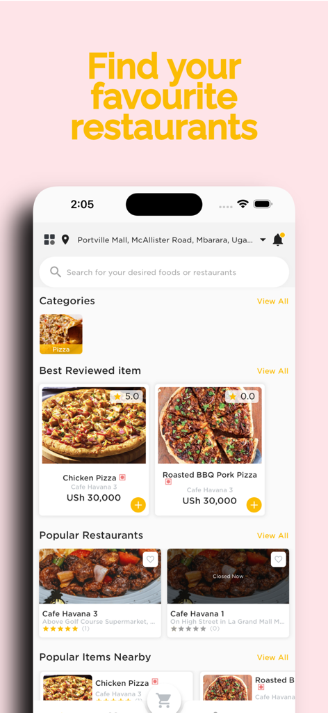 Sibo App - Sibo 앱 인터페이스는 지역 레스토랑 및 피자와 같은 인기 음식 항목 검색을 보여줍니다.