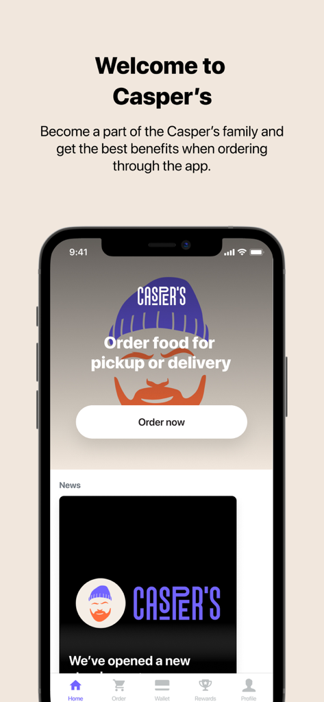 Caspers mobile app home screen with welcome message and order food button