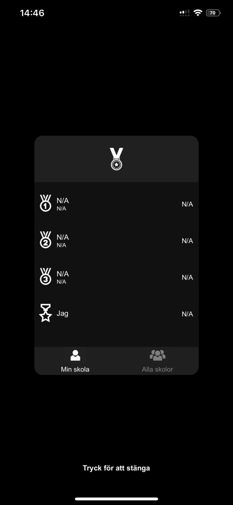 A mobile screen showing the school leaderboard rankings for the Killer Game app.