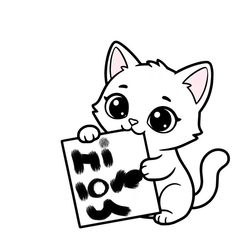 a small cat with a blank sheet of paper in its hand. the cat is sooooooo cute!