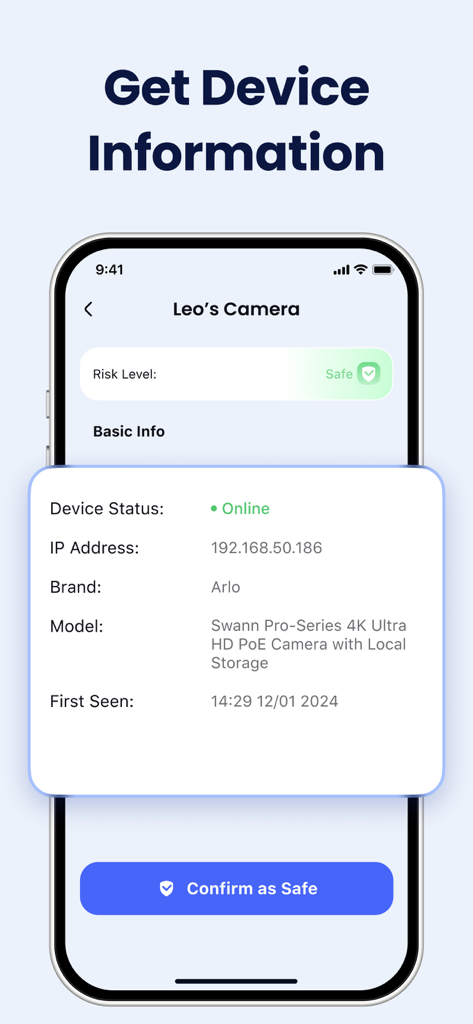 Security Camera - Home Camera - A smartphone display showing technical details for a connected network camera including its risk level and IP address.