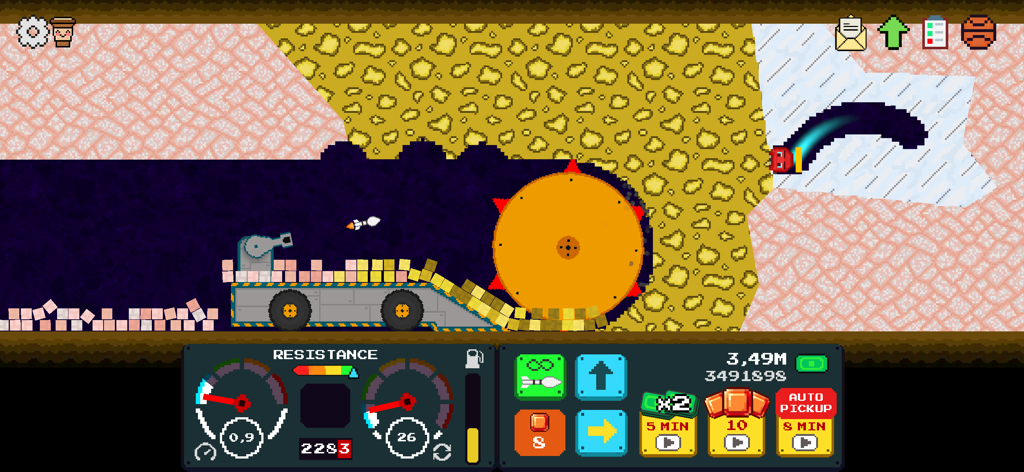 Mystery Digger - A large yellow drilling machine excavating layers of pixelated soil in Mystery Digger idle game