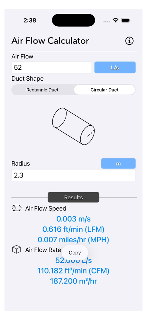 Air Flow Conversion Calculator - Air Flow Calculator mobile app interface showing air velocity and volume flow rate results for a circular duct shape
