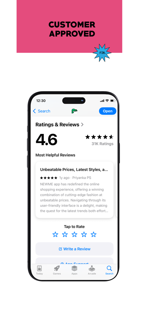newme - Unleash your style - Écran de smartphone montrant la page de l'application newme sur l'App Store avec une note de 4,6 étoiles et des commentaires clients positifs.
