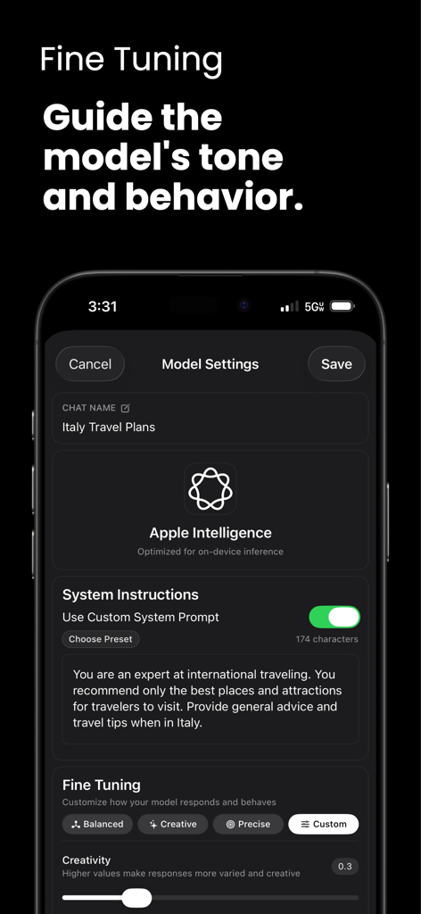 Nativ app screen for model settings showing fine-tuning options and custom system instructions for an AI assistant.