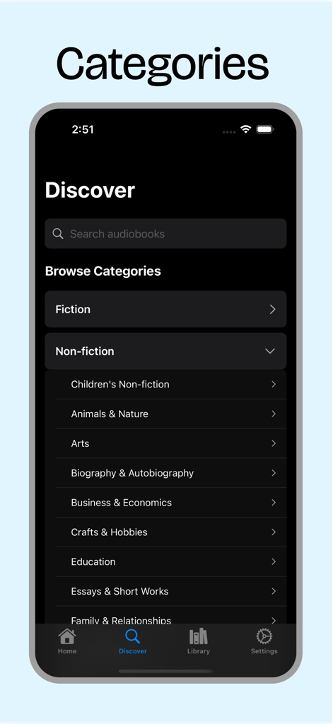 LibriVox! - Captura de pantalla de la pantalla Descubrir de la aplicación LibriVox mostrando una barra de búsqueda y una lista de categorías de audiolibros que incluyen ficción y secciones de no ficción ampliadas.
