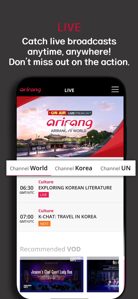 Arirang TV app interface showing live broadcast schedule and streaming options for Korean culture and news