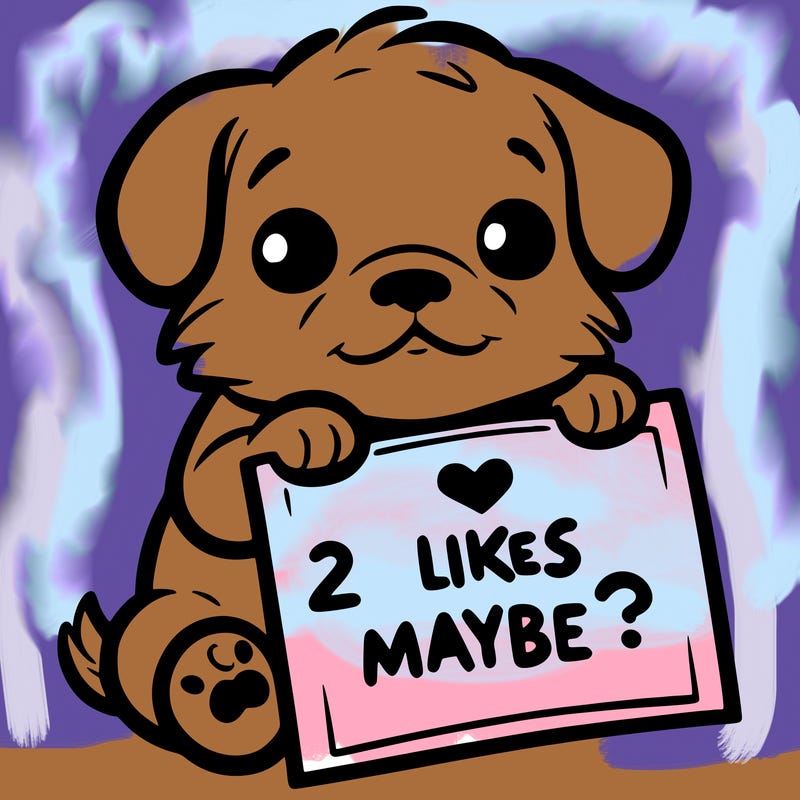 a puppy holding a sign that says 2 likes maybe?