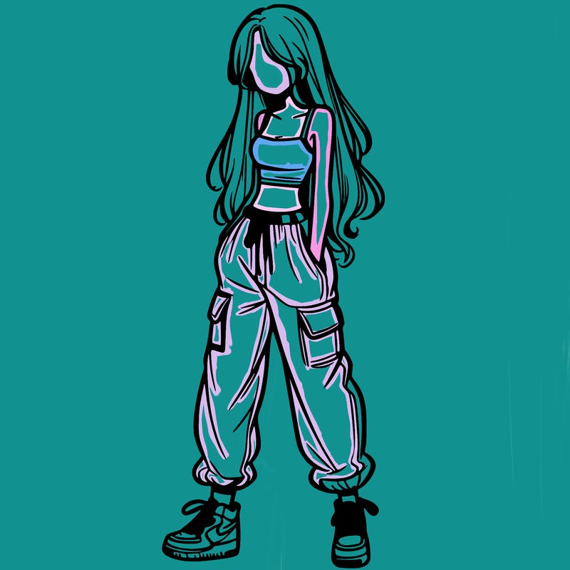 girl in baggy pants crop top and long hair