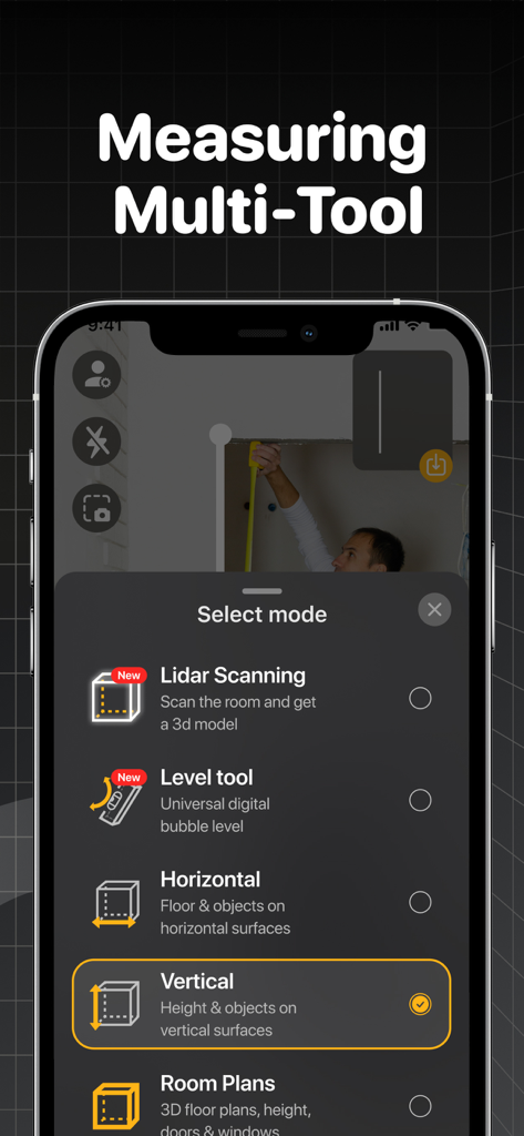The Tape Measure & 3D Scanner - Interfaz de la aplicación AR Ruler mostrando modos de medición como escaneo Lidar y herramienta de nivel
