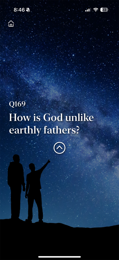 A screenshot of The Catechism app featuring a theological question about God and earthly fathers over a starry night sky with silhouettes of a father and child.