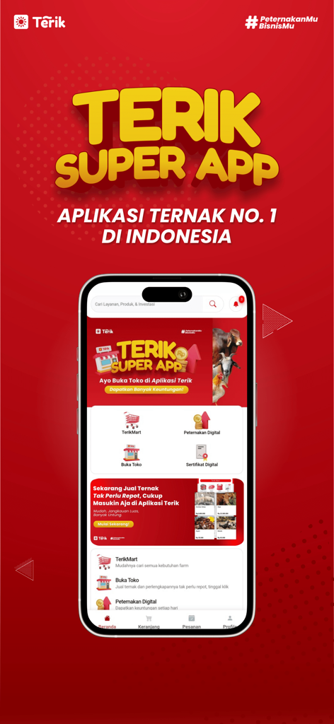 Terik - Terik Super App home screen interface showing digital farming features on a mobile device with a red background