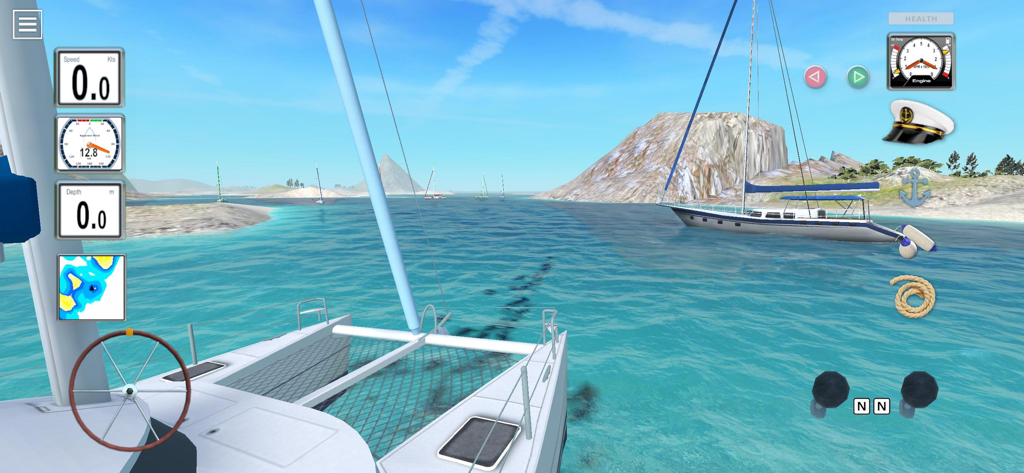 Dock your Boat 3D - First person view from a catamaran cockpit in a 3D boat docking simulator showing navigation gauges and steering wheel
