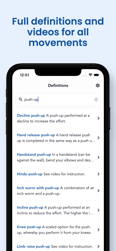 The WOD Generator: Workout - Interface of The WOD Generator app showing a search for push up variations and exercise definitions