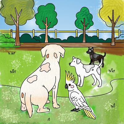 3 white dogs, one with gray spots and the other with light brown spots. 1 cakatoo ambrela, and a labrador  with some white color spots in random, not much.  total of 3 k9 and one cakatoo ambrela
background of the green dog park