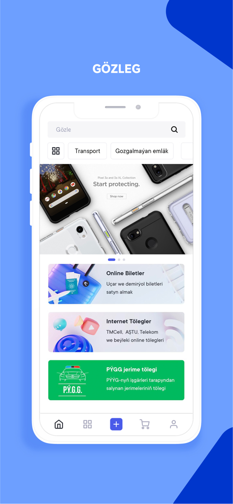 Saraý - La pantalla de inicio y búsqueda de la aplicación Saray que muestra categorías de transporte y bienes raíces junto con servicios de pago en línea