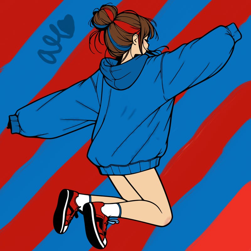 realistic girl jumping with a bun and oversized sweatshirt