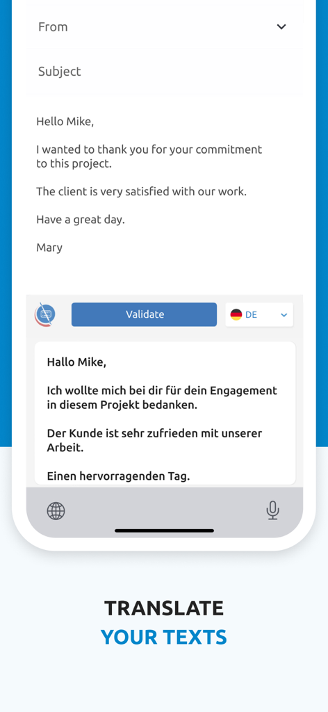 Scribens - Correcteur - Scribens mobile app interface demonstrating real-time translation from English to German within an email application.