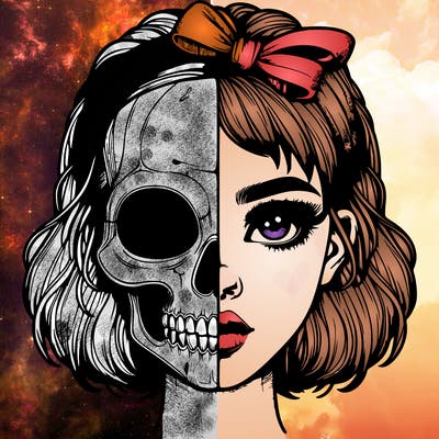 realistic girl with half skull mask