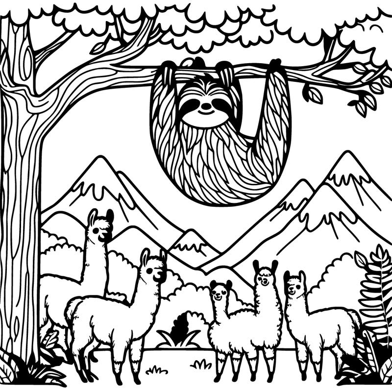 sloth hang from trees surround by llamas in the jungle mountains