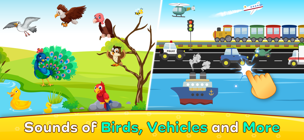 Baby Piano: Fun Music Games - Educational game screen showing various birds and vehicles for kids to learn sounds