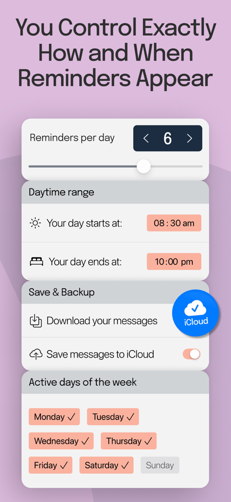Yapp Random Reminders - 毎日のリマインダー頻度と時間範囲スケジューリングの設定を示すインターフェース。