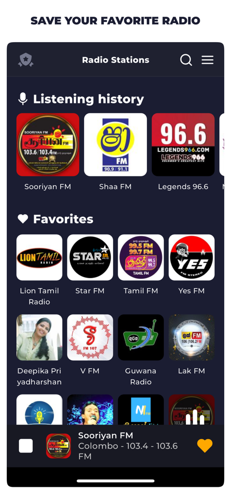 Radio Sri Lanka Live Online FM - Interfaccia dell'app Radio Sri Lanka Live Online FM che mostra stazioni preferite e cronologia di ascolto
