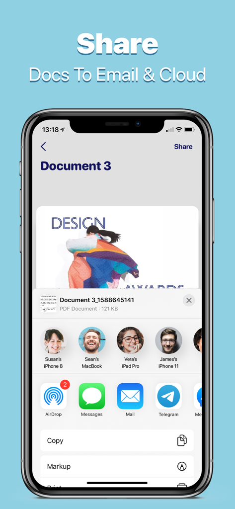 Interface of the Clear Scan App showing options to share scanned documents via email and cloud