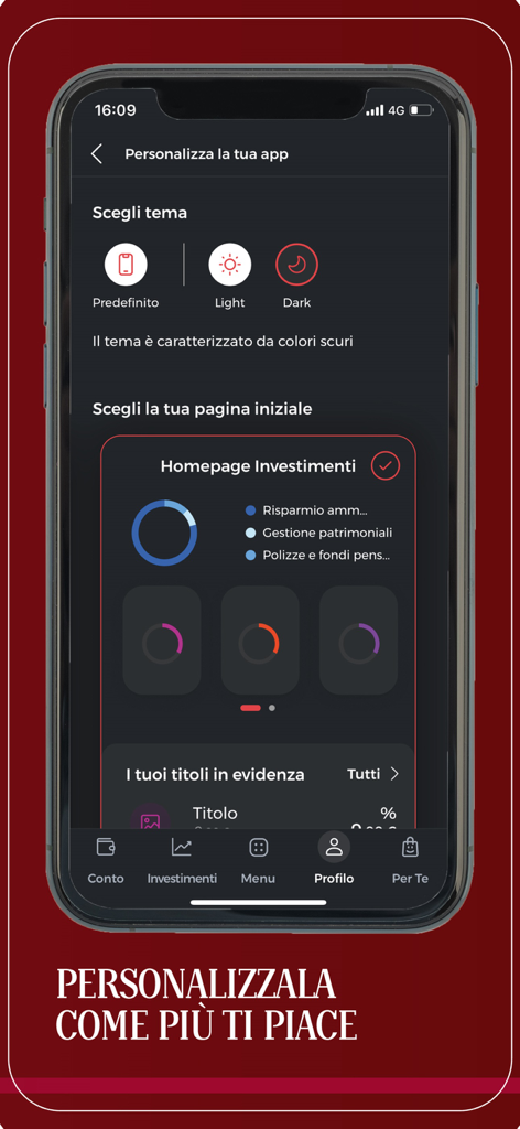 Interface do aplicativo móvel Banca di Asti mostrando opções de personalização para modo escuro e configurações da página inicial