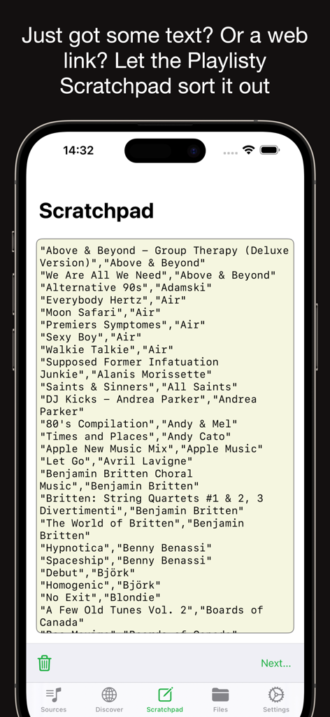 Playlisty for Spotify - Interfaz de Bloc de notas de Playlisty para Spotify que muestra una lista de texto de pistas musicales para importar