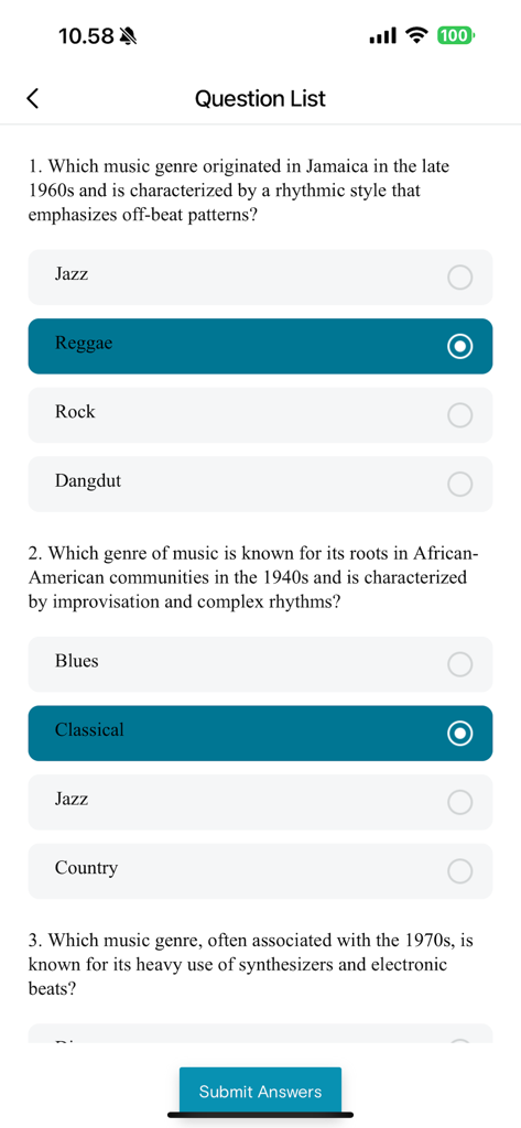 Appen Mobileアプリのスクリーンショット。リモートギグタスクの多肢選択式質問リストが表示されています。