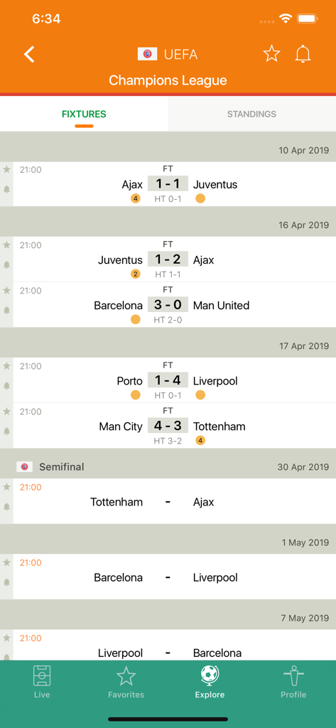 Futbol24 app showing Champions League soccer fixtures and scores
