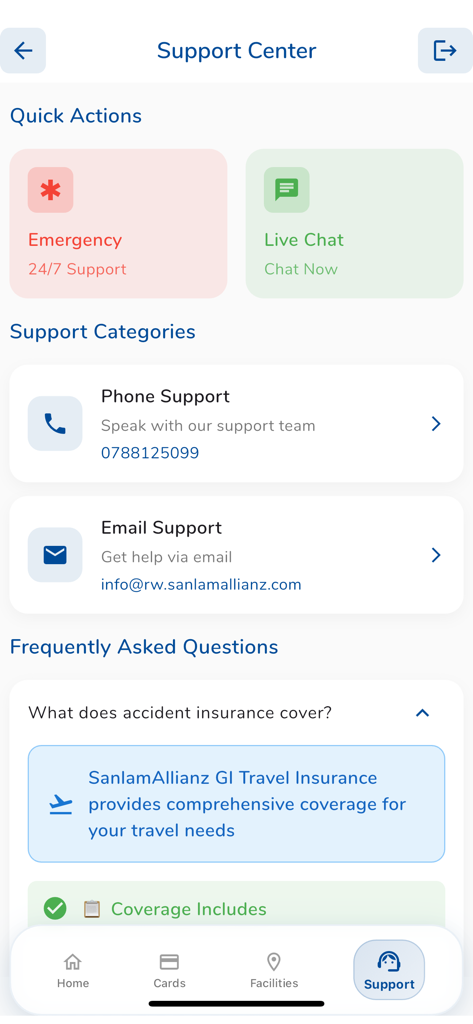 E-VUZE - E-VUZE app support center screen showing emergency contact options and frequently asked questions