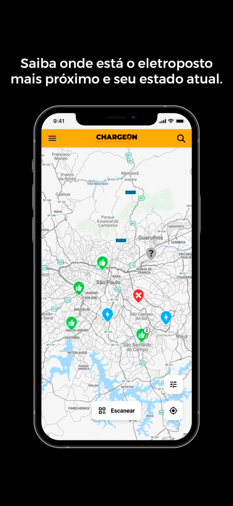 ChargeOn - Mobile app interface of ChargeOn showing a map with available and occupied EV charging stations in Sao Paulo