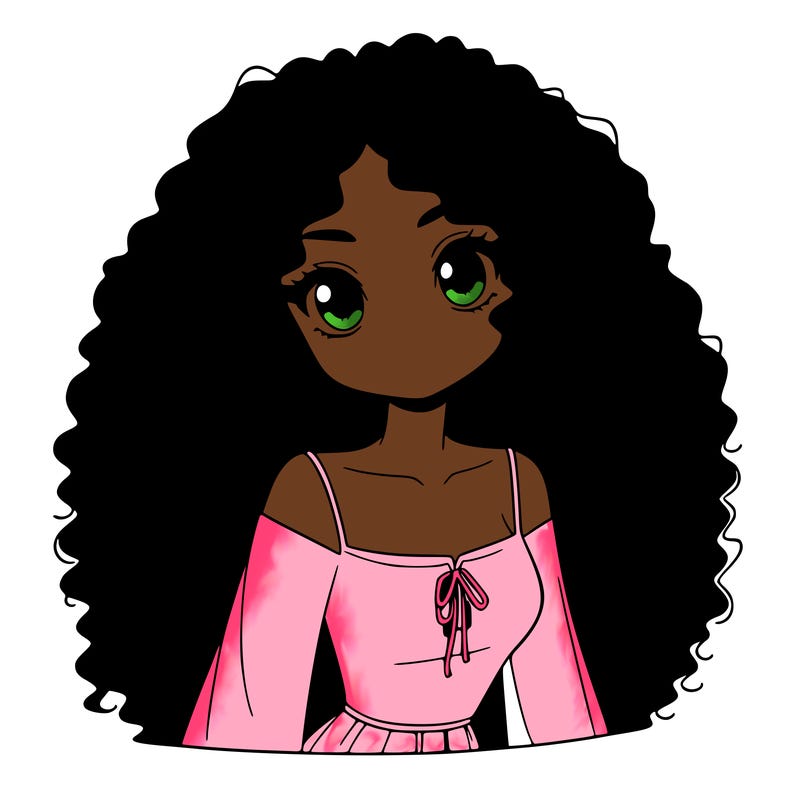 a black anime girl with long afro hair