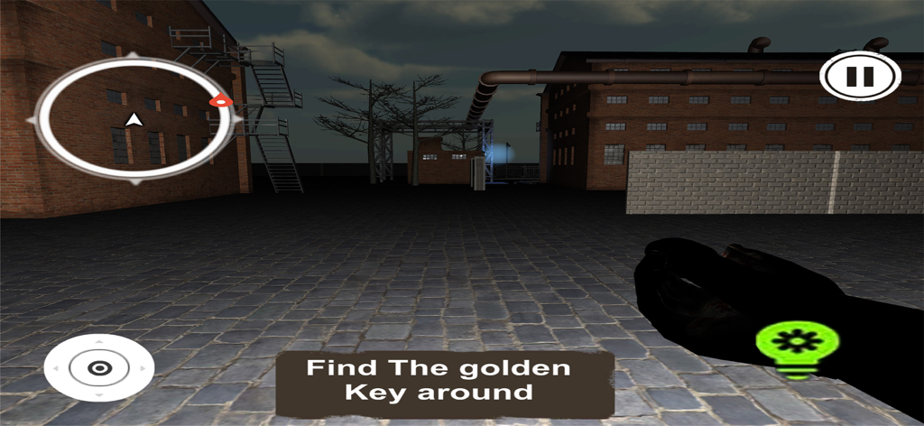 Escape from Zooville Nightmare - Prospettiva in prima persona di una strada buia di una città industriale in Fuga dall'Incubo di Zooville con un prompt di missione per trovare la chiave d'oro