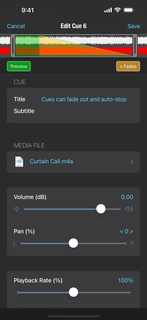 Interface da aplicação Go Button Pro mostrando a edição de deixas de áudio com fade out de forma de onda e controlos de volume