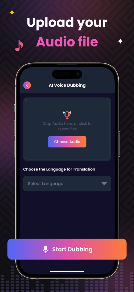 AI Magic Voice Changer - Interface of the AI Magic Voice Changer app showing the upload audio and language selection screen for voice dubbing