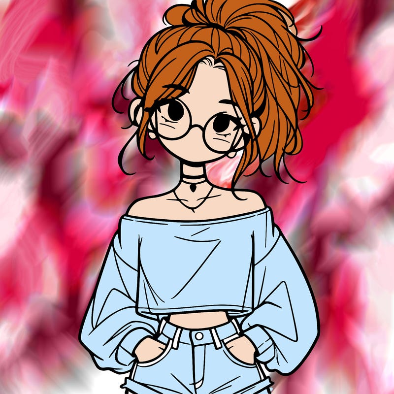 girl with a messy ponytail glasses a baggy crop top and jean shorts